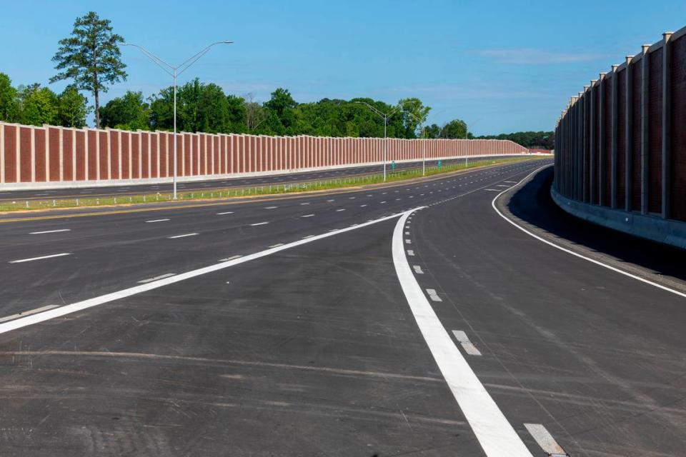 The on ramp from U.S. 401 to a new section of N.C. 540 on May 28, 2024. The 18-mile toll road across southern Wake County will connect N.C. 55 in Apex to Interstate 40 and is scheduled to open this summer.