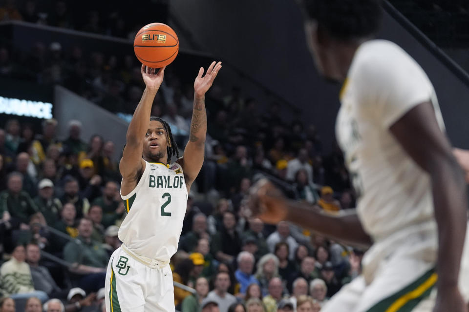 Baylor guard Jayden Nunn (2) shoots against Oklahoma during the first half of an NCAA college basketball game Tuesday, Feb. 13, 2024, in Waco, Texas. (AP Photo/LM Otero)