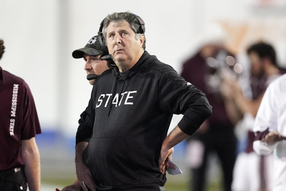 Mississippi State head coach Mike Leach watches from the sideline in the first half of the Liberty Bowl NCAA college football game against Texas Tech Tuesday, Dec. 28, 2021, in Memphis, Tenn. (AP Photo/Mark Humphrey)