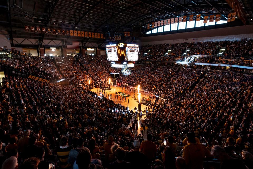 The Missouri basketball team is introduced in Mizzou Arena before the start of an NCAA college basketball game against Kansas Saturday, Dec. 10, 2022, in Columbia, Mo. (AP Photo/L.G. Patterson)