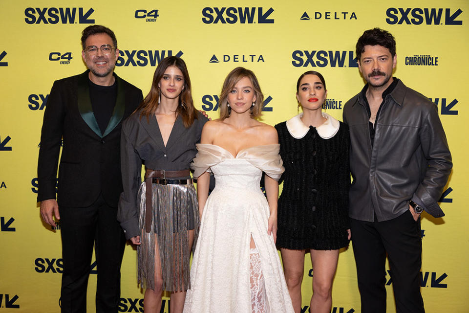 Michael Mohan, Benedetta Porcaroli, Sydney Sweeney, Simona Tabasco, and Alvaro Morte attend the world premiere of Immaculate during the 2024 SXSW Conference and Festival at The Paramount Theatre on March 12, 2024 in Austin, Texas.