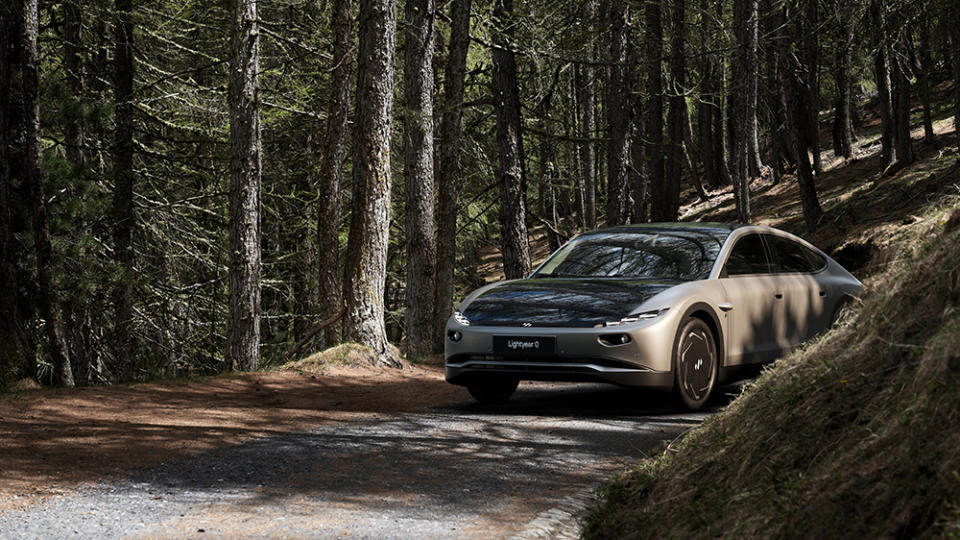 The Lightyear 0 solar-powered EV in the forest