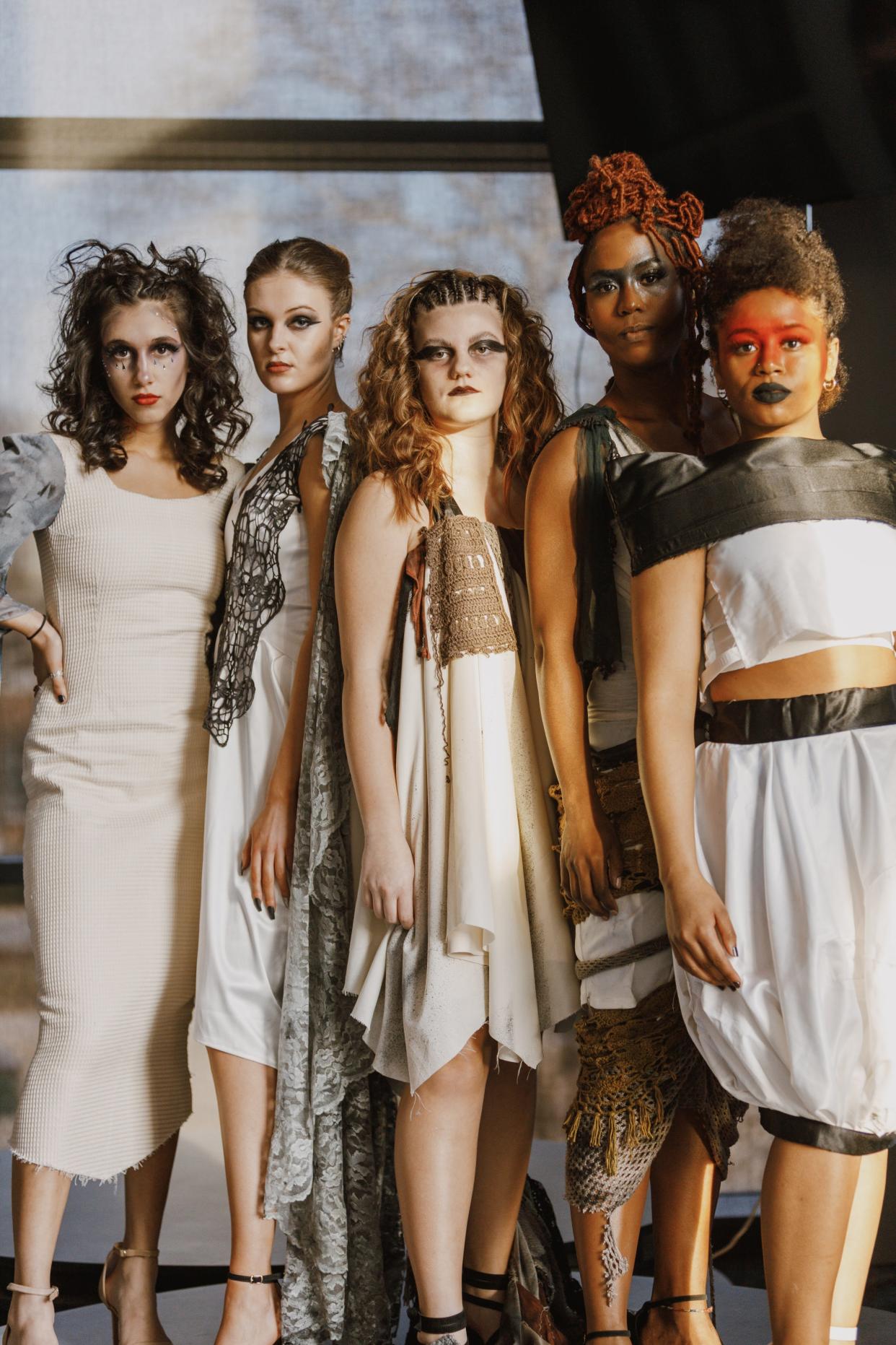 Models during OSU Unchained's 2022 show, wearing designs by Hannah Ferguson. From left to right: Avani Bhalla, Mazie Wechter, Jillian Mundo, Alanis De La Cruz, and Mya English.