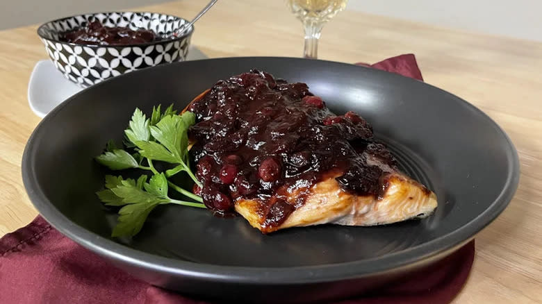 salmon cranberry compote on plate