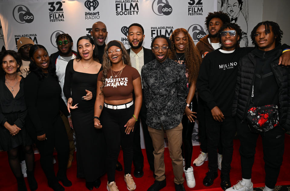 PHILADELPHIA, PENNSYLVANIA - OCTOBER 20: (L-R) Amy Schatz, Naika Saint- Pierre, Jaden Alvin, Kendall Taggart, Mike Jackson, Danielle Hodges, John Legend, Nehiemiah Cole, Tyshawn McNair-Benn, Amir Campbell and Santee Snaith attend Stand Up & Shout: Songs From a Philly High School at the Philadelphia Film Festival on October 20, 2023 in Philadelphia, Pennsylvania. (Photo by Lisa Lake/Getty Images for HBO)