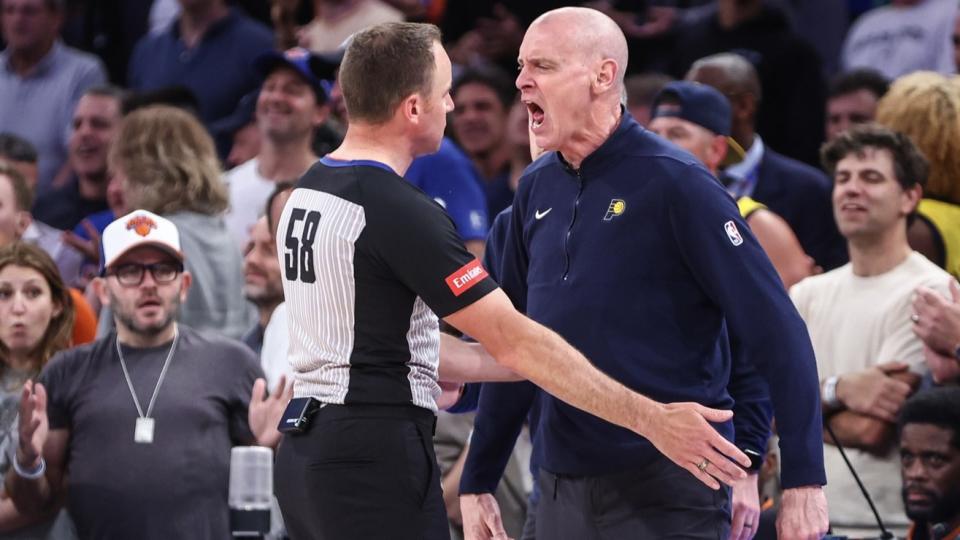 May 8, 2024;  New York, New York, USA;  Indiana Pacers coach Rick Carlisle argues with a referee in the fourth quarter against the New York Knicks during game two of the second round of the 2024 NBA playoffs at Madison Square Garden.