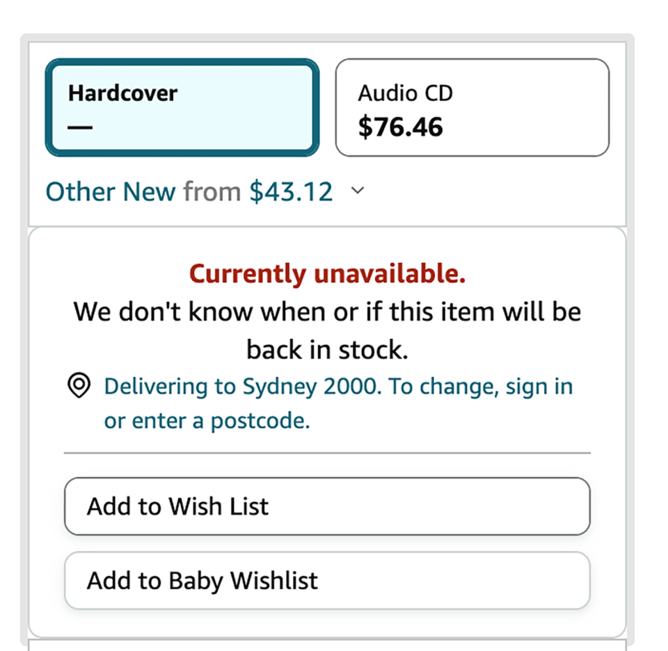 The Amazon Australia website displays this message when you try to purchase the memoir. Photo: Amazon Australia