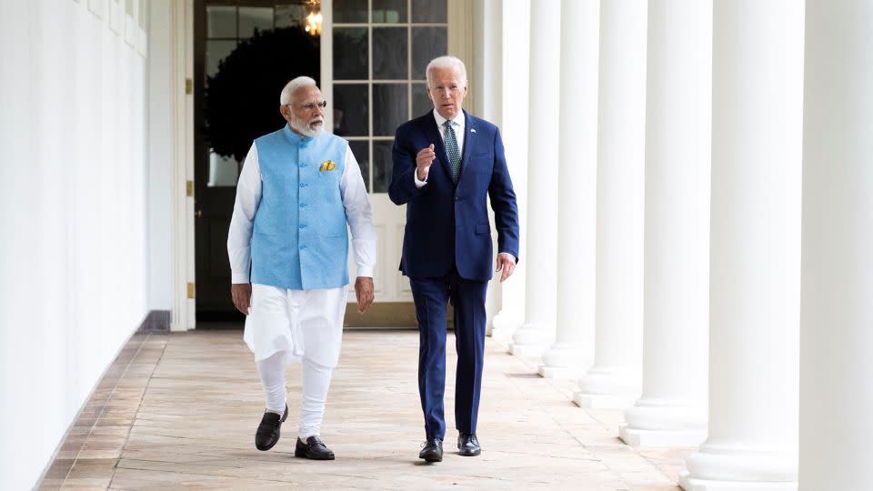 Modi walks with US President Joe Biden along the White House colonnade during his state visit to the US last year. - Pete Marovich/Reuters