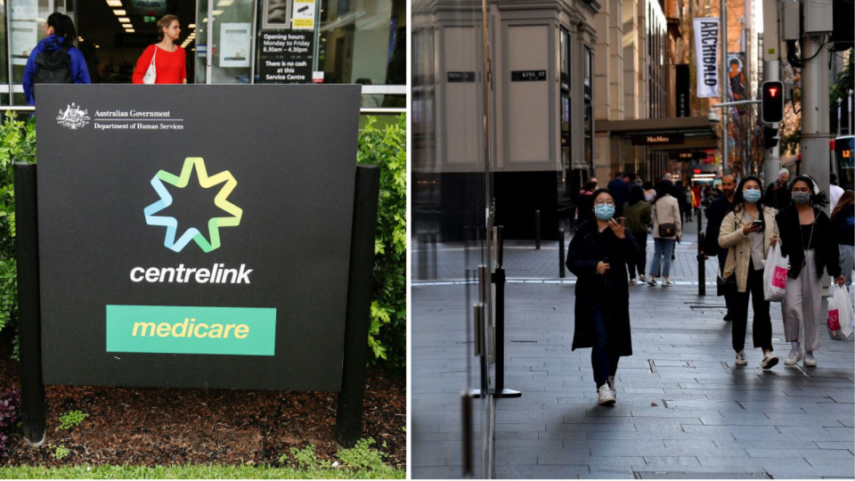 Centrelink sign, people in Sydney's Pitt Street mall wearing face masks. 