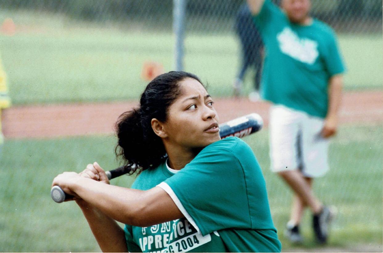 Gloria (Battle) Edmonds playing in a Bremerton softball league. Edmonds' athletic career as an adult includes stints on men's teams in basketball and softball, along with coaching and organizing other events. She's part of the 2022 class inducted to the Kitsap Sports Hall of Fame.