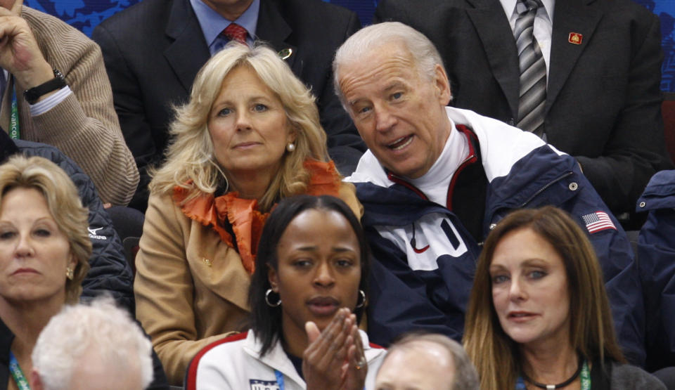 FILE - United States Vice President Joe Biden and his wife Jill attend the pairs figure skating competition the 2010 Vancouver Olympic Winter Games in Vancouver on Sunday Feb. 14, 2010. (AP Photo/The Canadian Press, Robert Skinner, File)