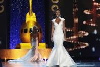 <p>Miss Colorado Shannon Patilla wore a stunning white gown. The mermaid-style cut and shaped collar made the look extra unique.</p>