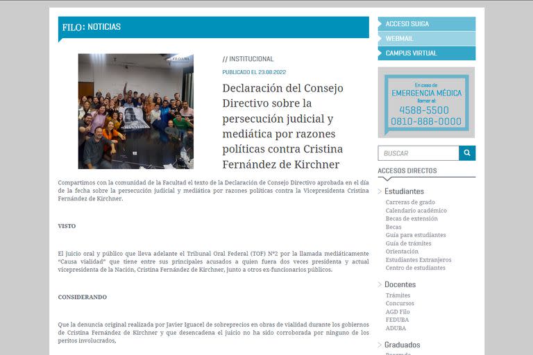 El comunicado de la Facultad de Filosofía y Letras de la UBA en defensa de la vicepresidenta Cristina Kirchner