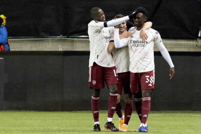 Folarin Balogun (right) scored his first Arsenal goal