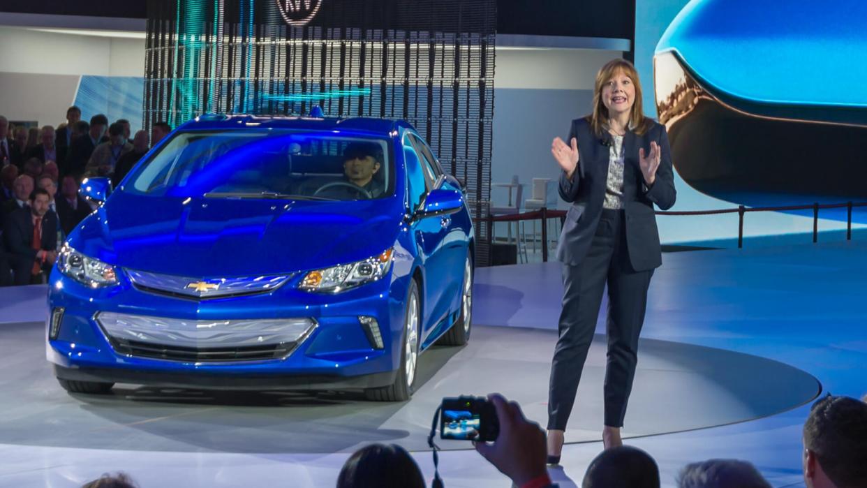 DETROIT, MI/USA - JANUARY 12, 2015: GM CEO Mary Barra / 2016 Chevrolet Volt reveal at the North American International Auto Show (NAIAS).