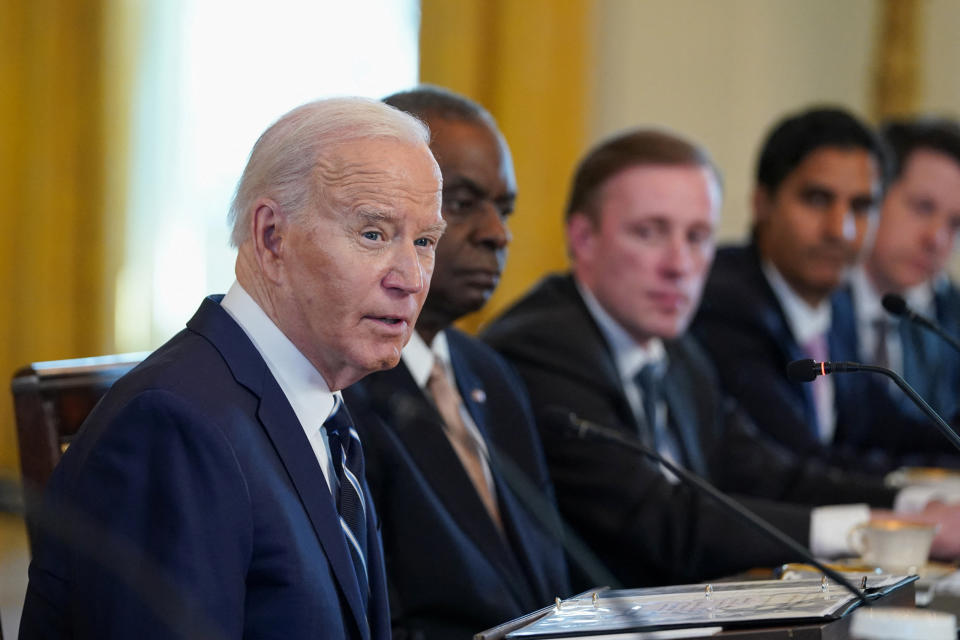 U.S. President Joe Biden speaks during a meeting with Poland's President Andrzej Duda and Poland's Prime Minister Donald Tusk at the White House in Washington, U.S., March 12, 2024. REUTERS/Kevin Lamarque