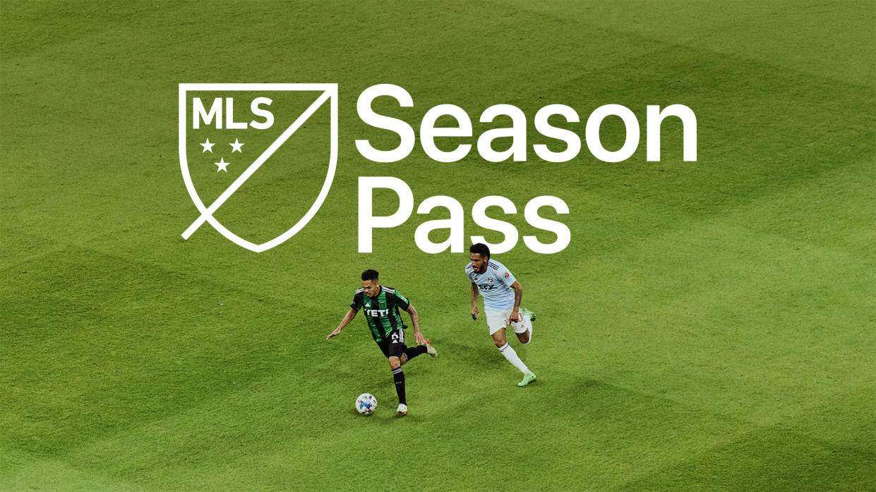  The MLS Season Pass logo, shown over an on-field battle between two players 