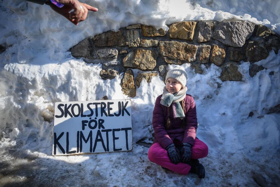 Greta Thunberg expresses her environmental advocacy outside the World Economic Forum's annual meeting on Jan. 25 in Davos, Switzerland.
