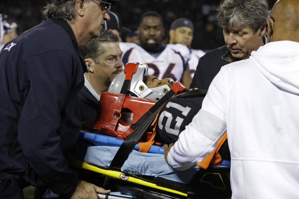 Oakland Raiders cornerback Gareon Conley leaves the game on a stretcher after an injury during the second half of an NFL football game against the Denver Broncos Monday, Sept. 9, 2019, in Oakland, Calif. (AP Photo/Ben Margot)