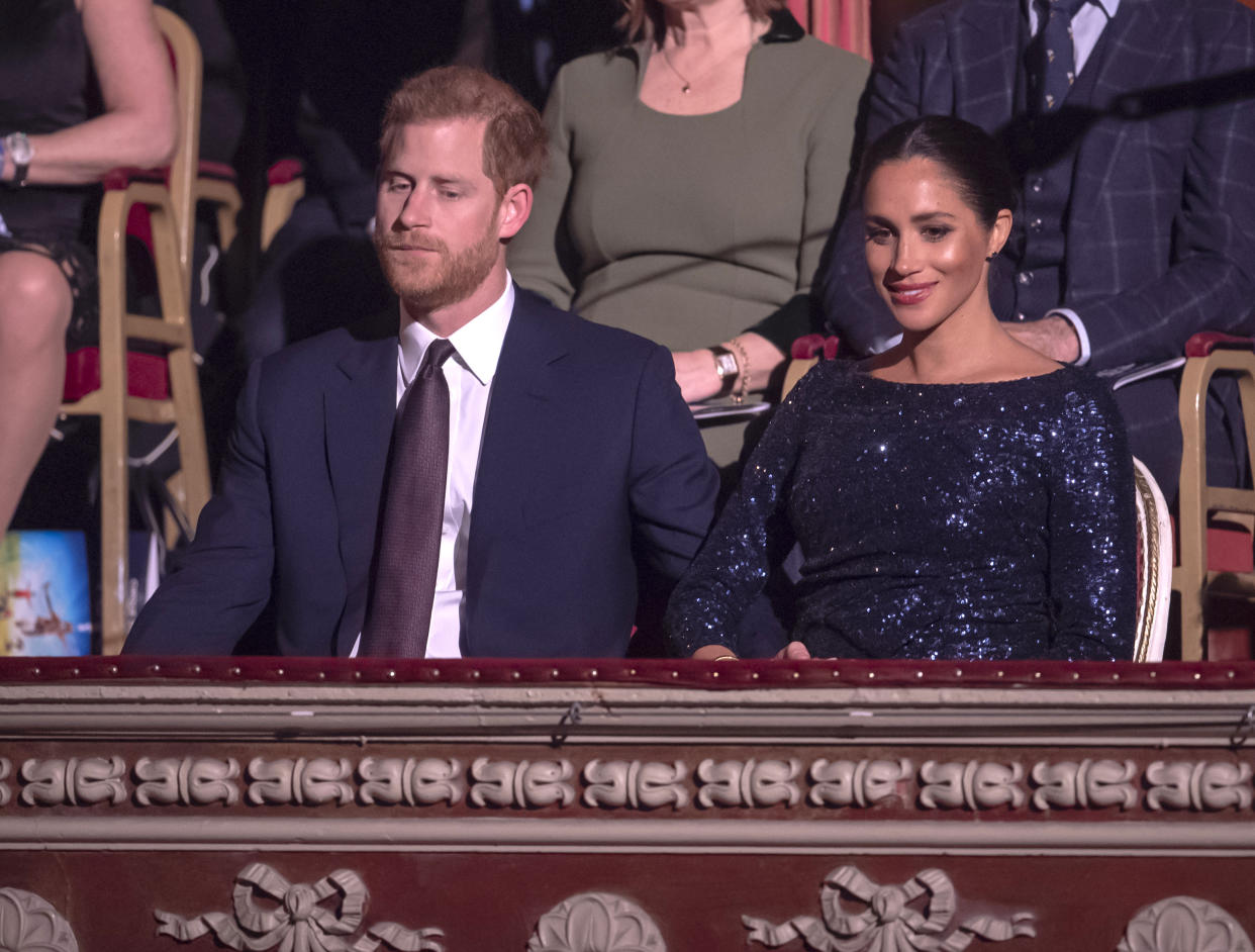 LONDON, ENGLAND - JANUARY 16: Prince Harry, Duke of Sussex and Meghan, Duchess of Sussex attend the Cirque du Soleil Premiere Of 'TOTEM' at Royal Albert Hall on January 16, 2019 in London, England. (Photo by Paul Grover - WPA Pool/Getty Images)