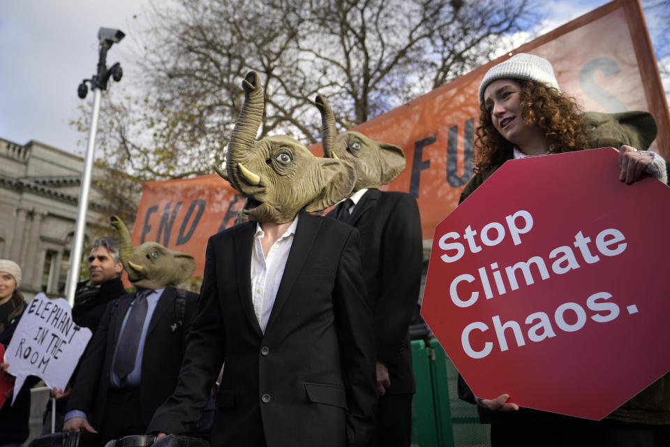 Stop Climate Chaos members dressed as Big Oil CEOs in Dublin to warn the Irish Government that it must not let climate-wrecking fossil fuels be the elephant in the room at the COP28 UN Climate Talks. November 29, 2023. (Photo by Niall Carson/PA Images via Getty Images)