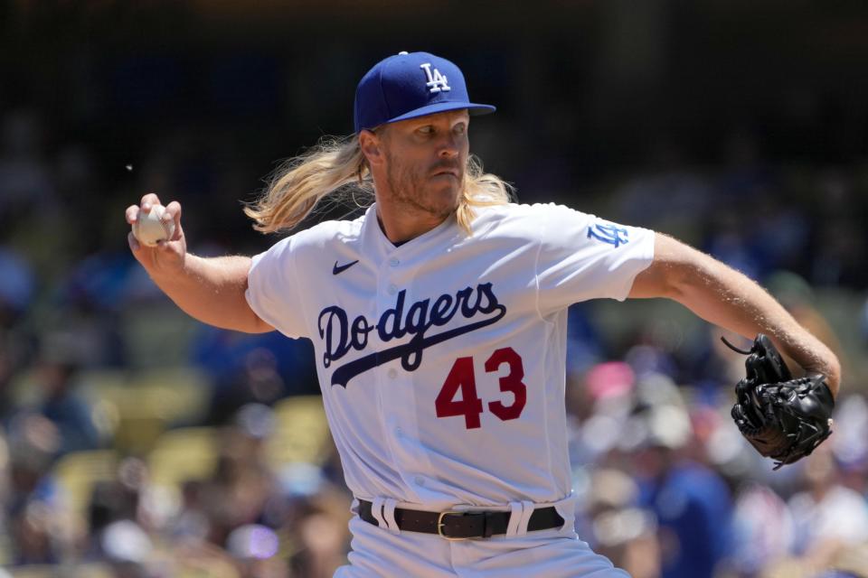 Dodgers starting pitcher Noah Syndergaard throws in the second inning against the Mets, April 19, 2023, at Dodger Stadium.