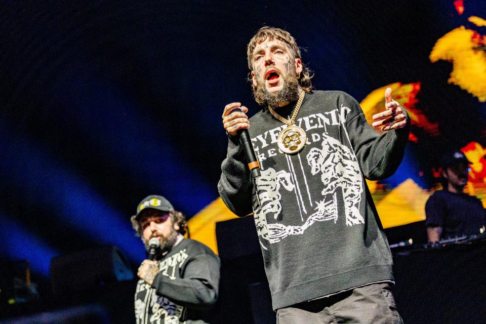 $crim and Ruby da Cherry of $uicideboy$ perform at the Sahara tent during the 2023 Coachella Valley Music and Arts Festival on April 15, 2023 in Indio, California. (