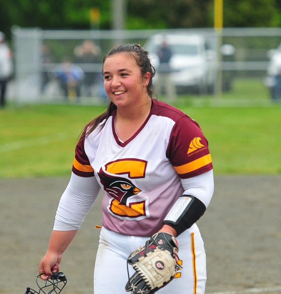 Case’s Hailey Berube smiles coming off the mound during Thursday’s game against New Bedford.