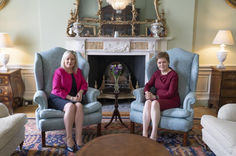 First Minister Nicola Sturgeon, right, welcomed Sinn Fein vice-president Michelle O’Neill to Bute House in Edinburgh on Friday (Jane Barlow/PA) (PA Wire)