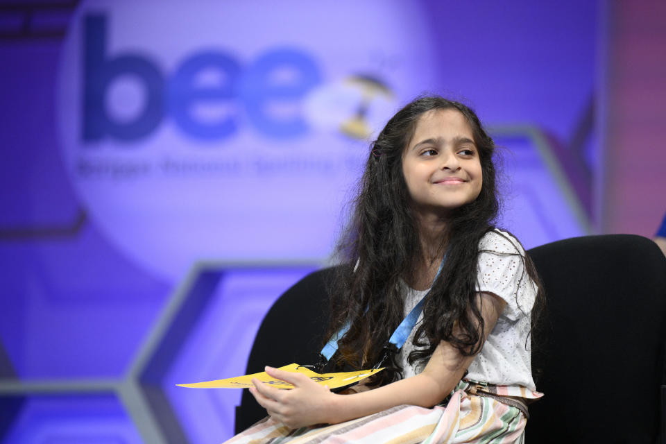 Sarah Fernandes, 11, from Omaha, Neb., looks on during the Scripps National Spelling Bee, Wednesday, May 31, 2023, in Oxon Hill, Md. (AP Photo/Nick Wass)