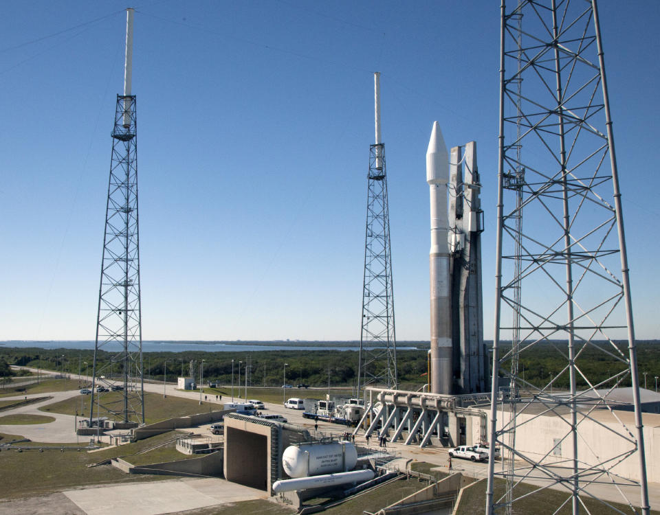 In a photo provided by NASA a United Launch Alliance Atlas V with TDRS-L atop, arrives at the launch pad at Cape Canaveral, Fla., Air Force Station's Launch Complex 41. The unmanned rocket is set to blast off Thursday night, Jan. 23, 2014, with the latest, third-generation Tracking and Data Relay Satellite. (AP Photo/Daniel Casper )