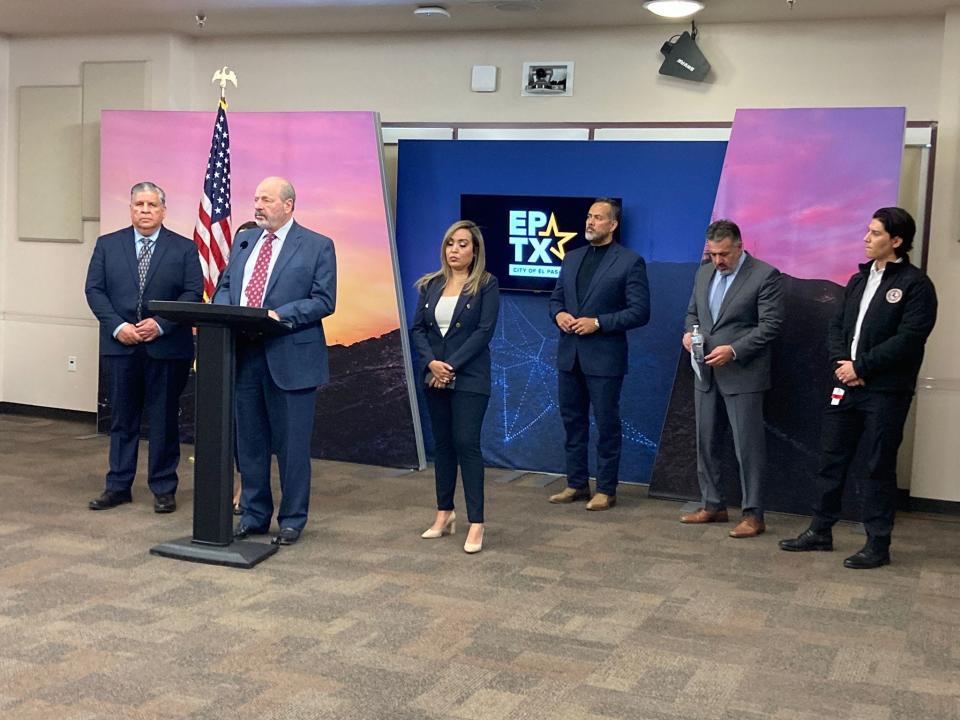 Mayor Oscar Leeser speaks at City Hall on Dec. 15 about the municipal response to the increased number of asylum-seekers being released into the community.