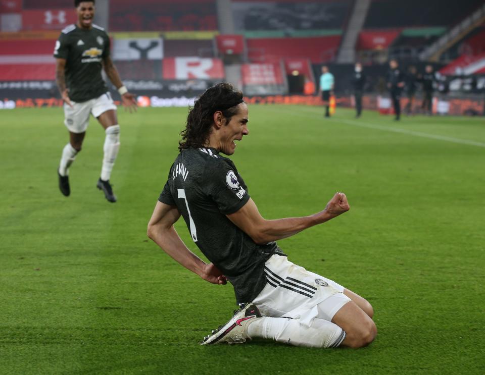 <p>Edinson Cavani celebrates scoring against Southampton</p>Getty