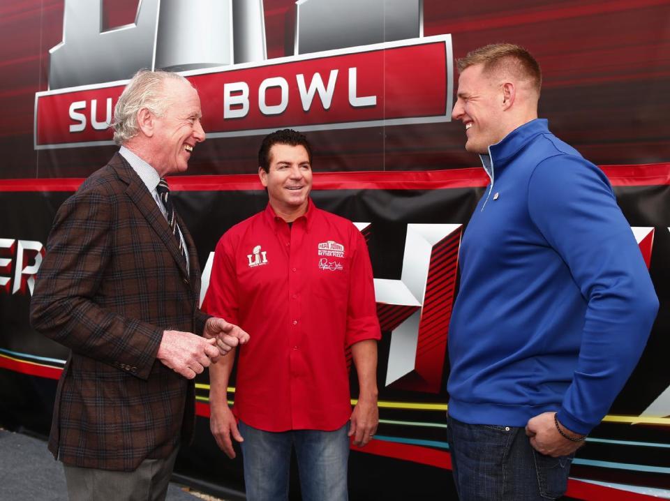 Papa John's CEO John Schnatter (middle), pictured with Archie Manning (left) and J.J. Watt spoke out against protesting NFL players earlier this month. (AP) 