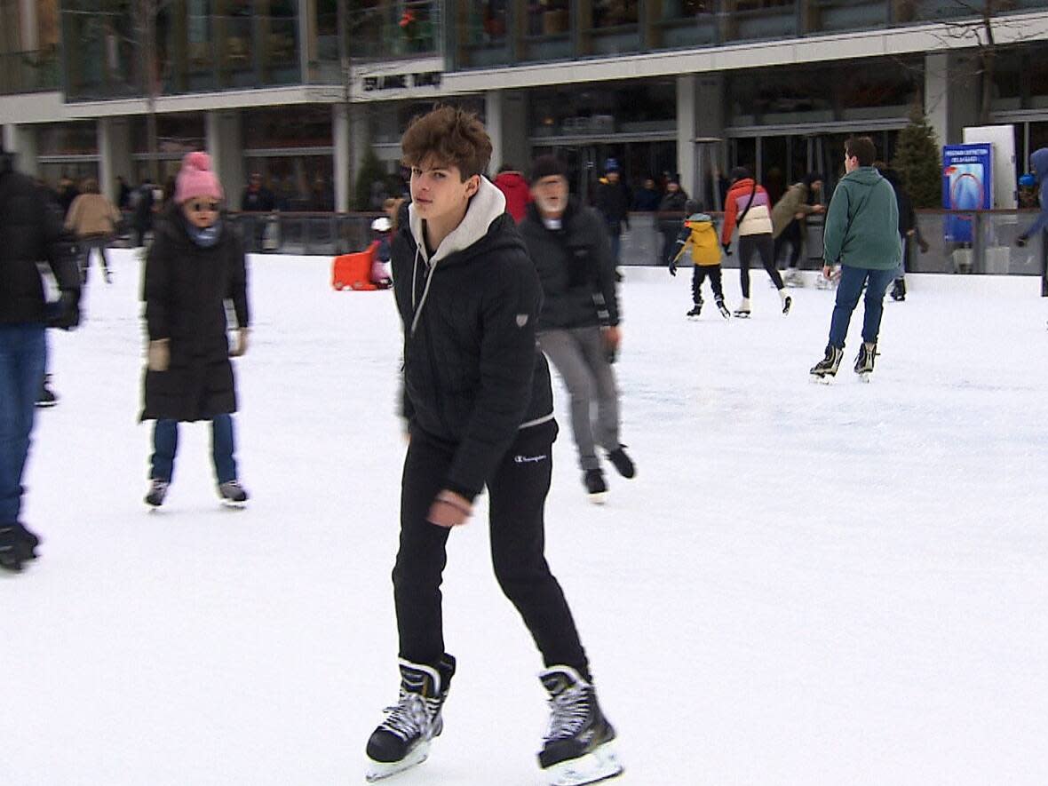 Luca Mastermonaco visited downtown Montreal's refrigerated ice rink at the Esplanade Tranquille on Tuesday to get some ice time. (CBC - image credit)