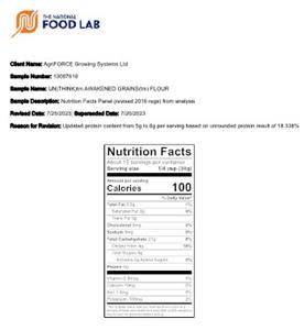 Independent lab results confirm UN(THINK)™ Awakened Flour nutritional advantage with over 5x the fiber, 2x the protein, and 77% less net carbs than regular all-purpose flour