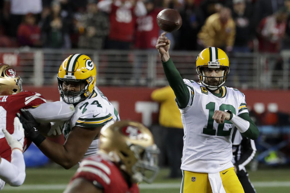 Green Bay Packers quarterback Aaron Rodgers passes against the San Francisco 49ers during the second half of the NFL NFC Championship football game Sunday, Jan. 19, 2020, in Santa Clara, Calif. (AP Photo/Matt York)