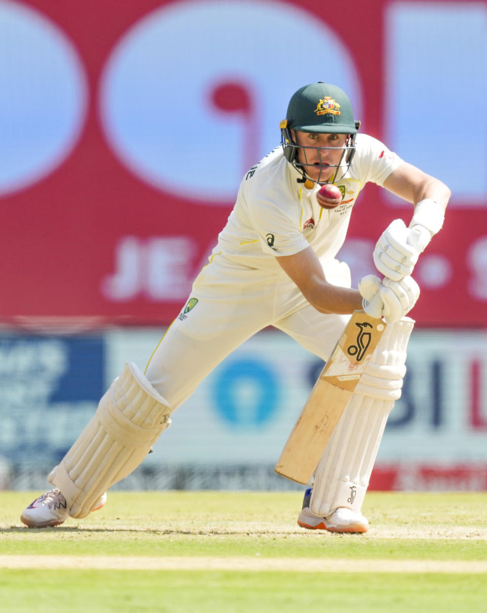 Australia's Marnus Labuschagne plays a shot during the first day of the fourth cricket test match between India and Australia in Ahmedabad, India, Thursday, March 9, 2023. (AP Photo/Ajit Solanki)