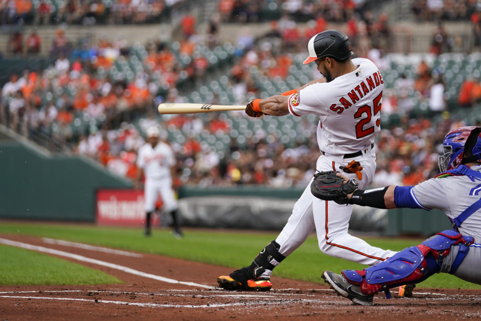 Baltimore Orioles' Anthony Santander connects for a solo home run off Toronto Blue Jays starting pitcher Kevin Gausman during the first inning of the first game of a baseball doubleheader, Monday, Sept. 5, 2022, in Baltimore. (AP Photo/Julio Cortez)