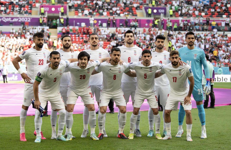 DOHA, QATAR - NOVEMBER 25: IR Iran players pose for a team photograph prior to the FIFA World Cup Qatar 2022 Group B match between Wales and IR Iran at Ahmad Bin Ali Stadium on November 25, 2022 in Doha, Qatar. (Photo by Visionhaus/Getty Images)