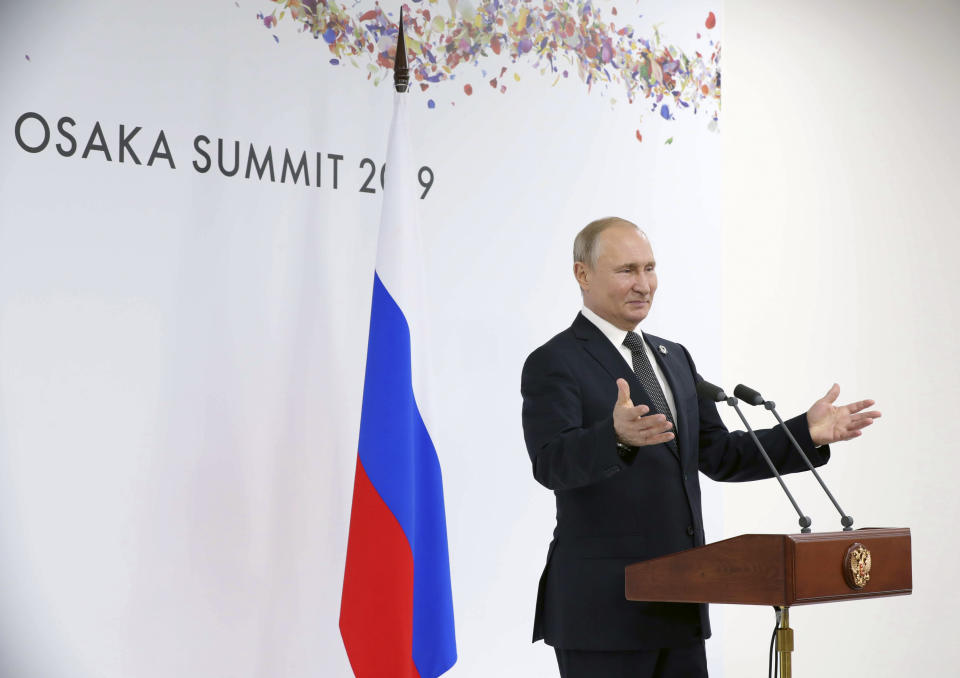 Russian President Vladimir Putin speaks to the media after the G-20 summit in Osaka, western Japan, Saturday, June 29, 2019. (Mikhail Klimentyev, Sputnik, Kremlin Pool Photo via AP)