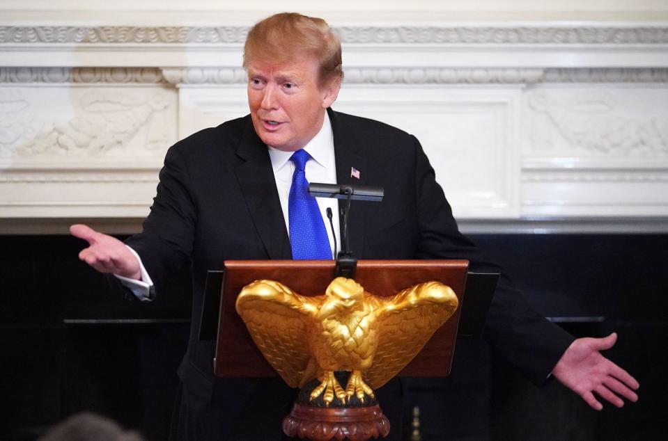 US President Donald Trump pauses as he speaks during the 2019 White House business session with governors in the State Dining Room of the White House in Washington, DC on February 25, 2019. (Photo: MANDEL NGAN/AFP/Getty Images)