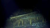 In this Oct. 7, 2019 image taken from underwater video provided by Vulcan Inc., the Japanese aircraft carrier Kaga is shown in the Pacific Ocean off Midway Atoll in the Northwestern Hawaiian Islands. Deep-sea explorers scouring the world's oceans for sunken World War II ships are honing in on a debris field deep in the Pacific. A research vessel called the Petrel is launching underwater robots about halfway between the U.S. and Japan in search of warships from the Battle of Midway. Weeks of grid searches around the Northwestern Hawaiian Islands already have led the Petrel to one sunken battleship, the Kaga. (Vulcan Inc. via AP)