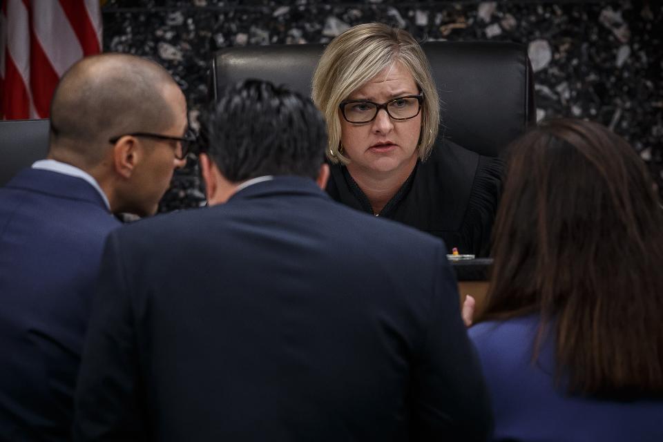 Circuit Judge Sarah Willis talks with counsel during voir dire in the case of Joseph Hamilton vs. The State of Florida at the Palm Beach County Courthouse in downtown West Palm Beach, Fla., on March 28, 2023.