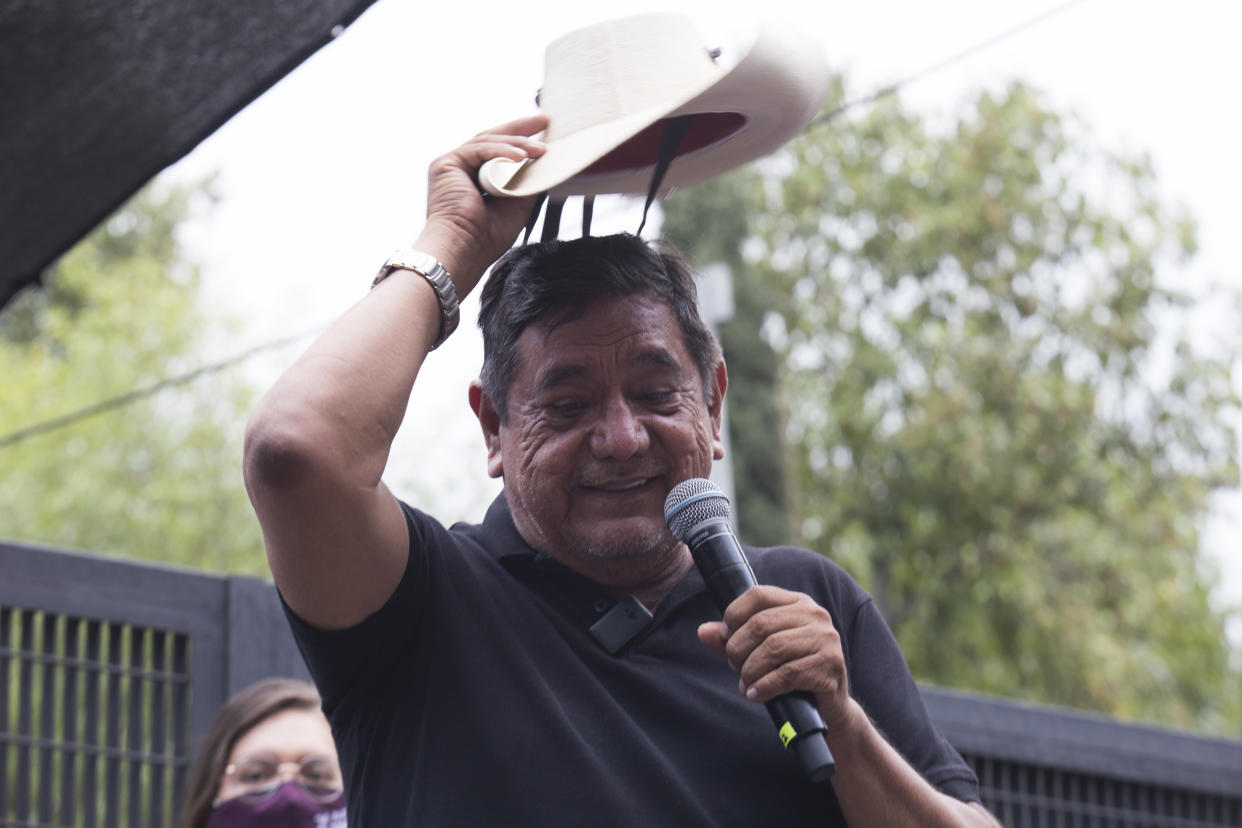 Felix Salgado Macedonio, candidate of the Morena political party for governor of Guerrero, and dozens of his supporters, carried out  a caravan from Acapulco to Mexico City which culminated in a sit-in outside the offices of the National Electoral Institute (INE for its acronym in Spanish) to demand to the instance not withdrawing his candidacy for not having submitted pre-campaign expenses.  On April 11, 2021 in Mexico City, Mexico. (Photo by Cristian Leyva/NurPhoto via Getty Images)