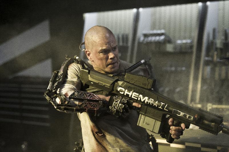 This film publicity image released by TriStar, Columbia Pictures-Sony shows Matt Damon in a scene from "Elysium." (AP Photo/TriStar, Columbia Pictures - Sony, Kimberley French)