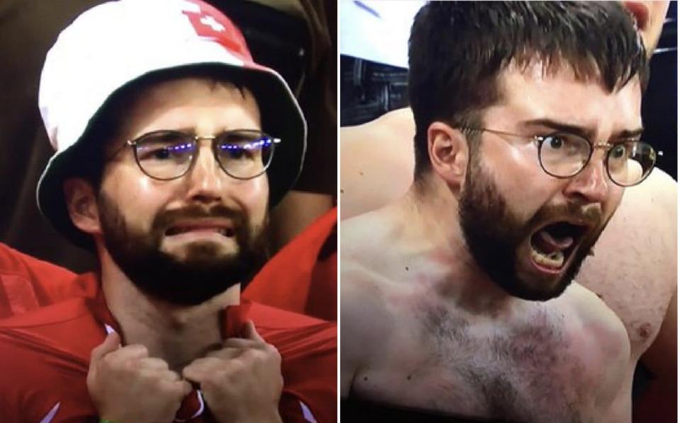 Swiss fan with hat and shirt on looking sad, then topless, looking furious and delighted