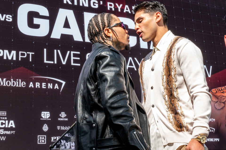 BEVERLY HILLS, CALIFORNIA - MARCH 09: Ryan Garcia (R) and Gervonta Davis (L) face off during a news conference at The Beverly Hilton on March 09, 2023 in Beverly Hills, California. (Photo by Sye Williams/Getty Images)