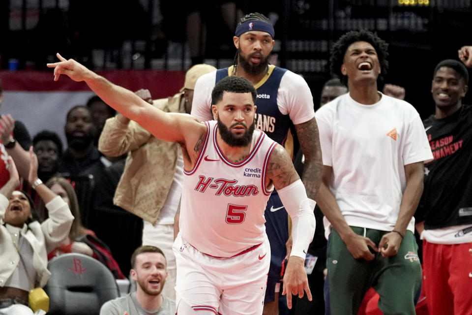 Houston Rockets guard Fred VanVleet (5) reacts after making a 3-point basket against the New Orleans Pelicans during the second half of an NBA basketball in-season tournament game Friday, Nov. 10, 2023, in Houston. (AP Photo/Eric Christian Smith)