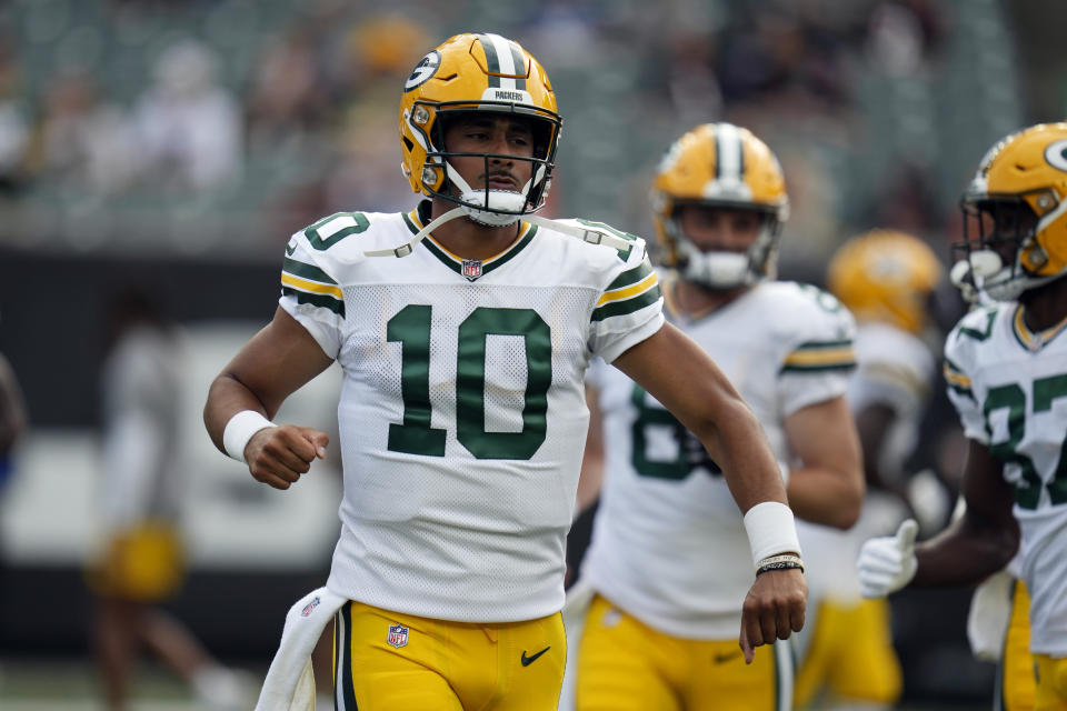 Green Bay Packers quarterback Jordan Love threw a touchdown against the Bengals in Friday's preseason game. (AP Photo/Michael Conroy)